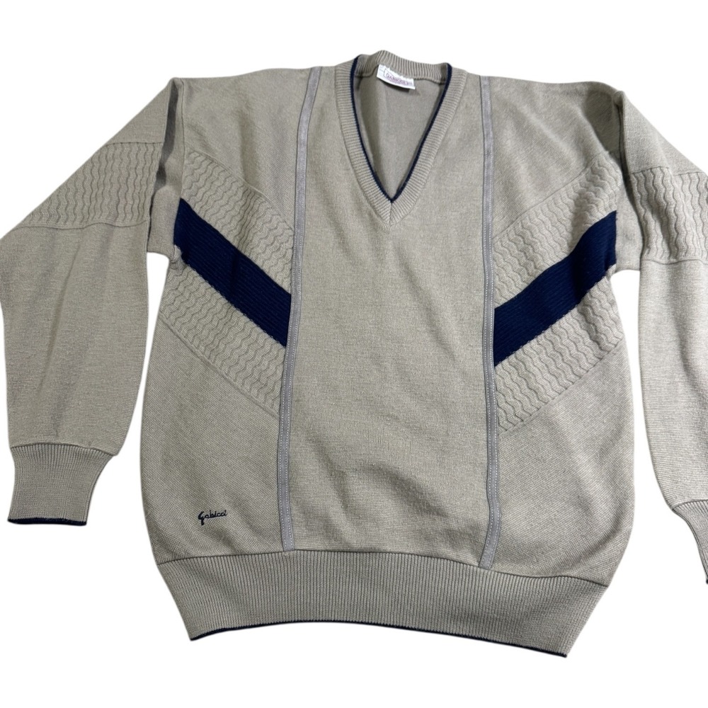 Gabicci Men M Tan Blue V Neck Wool Blend Made in Italy Sweater VTG  Jumper Retro